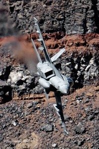 A Super Hornet from VFA-154 Black Knights begins its canyon bustin' run