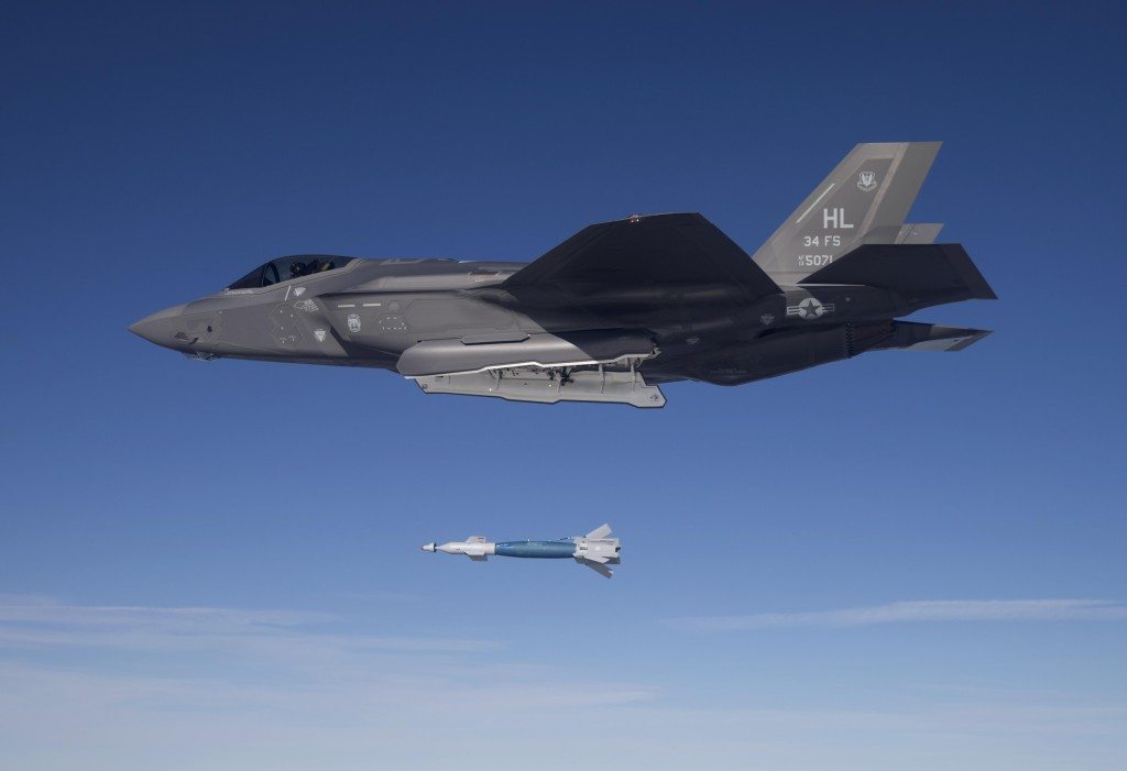 Lt. Col. George Watkins, the 34th Fighter Squadron commander, drops a GBU-12 laser-guided bomb from an F-35A Lightning II at the Utah Test and Training Range Feb. 25, 2016. The 34th FS is the Air Force's first combat unit to employ munitions from the F-35A. (U.S. Air Force photo/Jim Haseltine)
