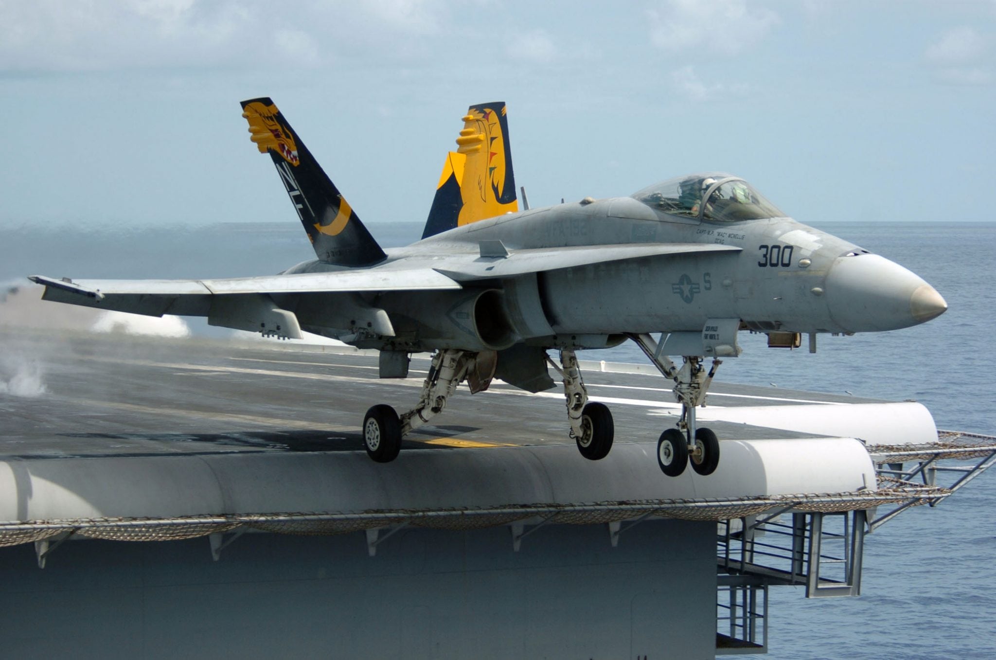 050817-N-3488C-028 Pacific Ocean (Aug. 17, 2005) - An F/A-18C Hornet, assigned to the "Golden Dragons" of Strike Fighter Squadron One Nine Two (VFA-192), launches from the flight deck of the conventionally powered aircraft carrier USS Kitty Hawk (CV 63). Kitty Hawk and embarked Carrier Air Wing Five (CVW-5) are currently returning to their homeport after a scheduled deployment in the 7th Fleet area of responsibility. U.S. Navy photo by Photographer's Mate 3rd Class Jonathan Chandler (RELEASED)