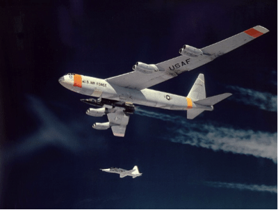 NB-52B, Balls Eight with the X-15 and a T-38 chase plane (Public Domain)