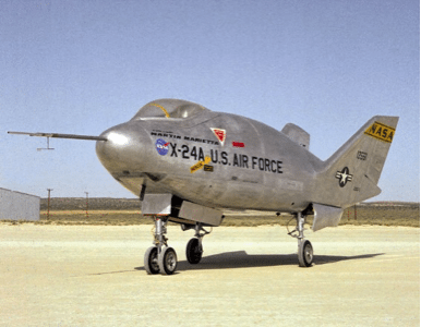 X-24 Lifting Body used for unpowered landing research that would be applied to the Space Shuttle.