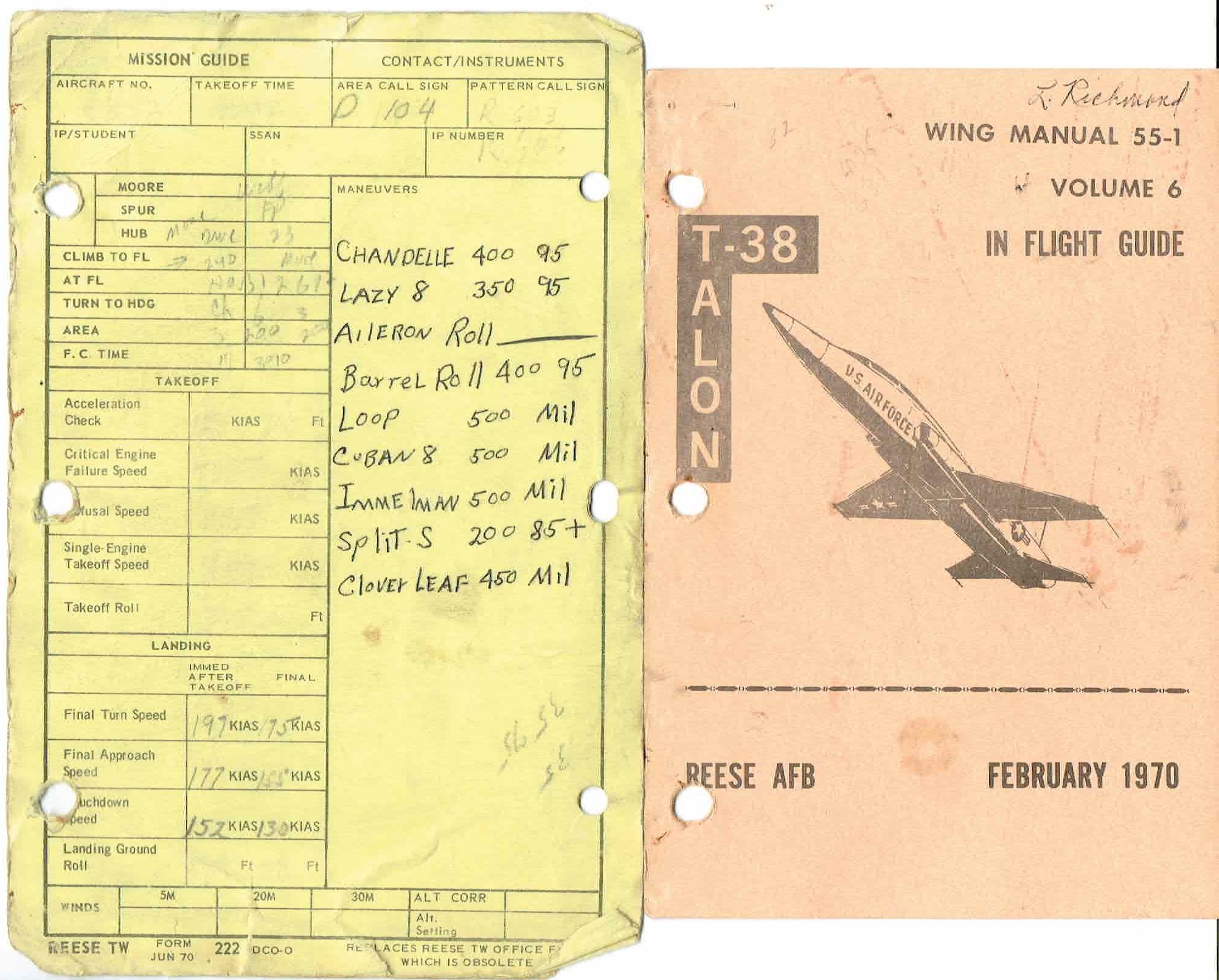 Jeff's notes from his T-38 training flights back in 1970.