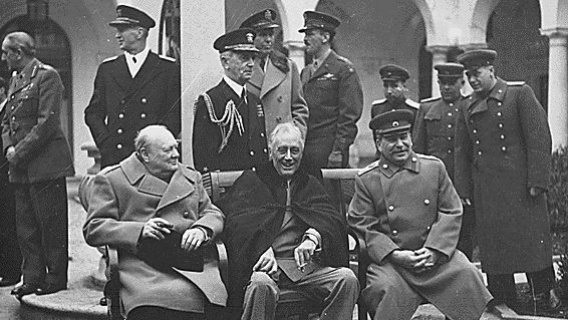 Post WWII meeting in Yalta, 1943. Left to right: Prime Minister Winston Churchill, President Roosevelt, and Premier Joseph Stalin.