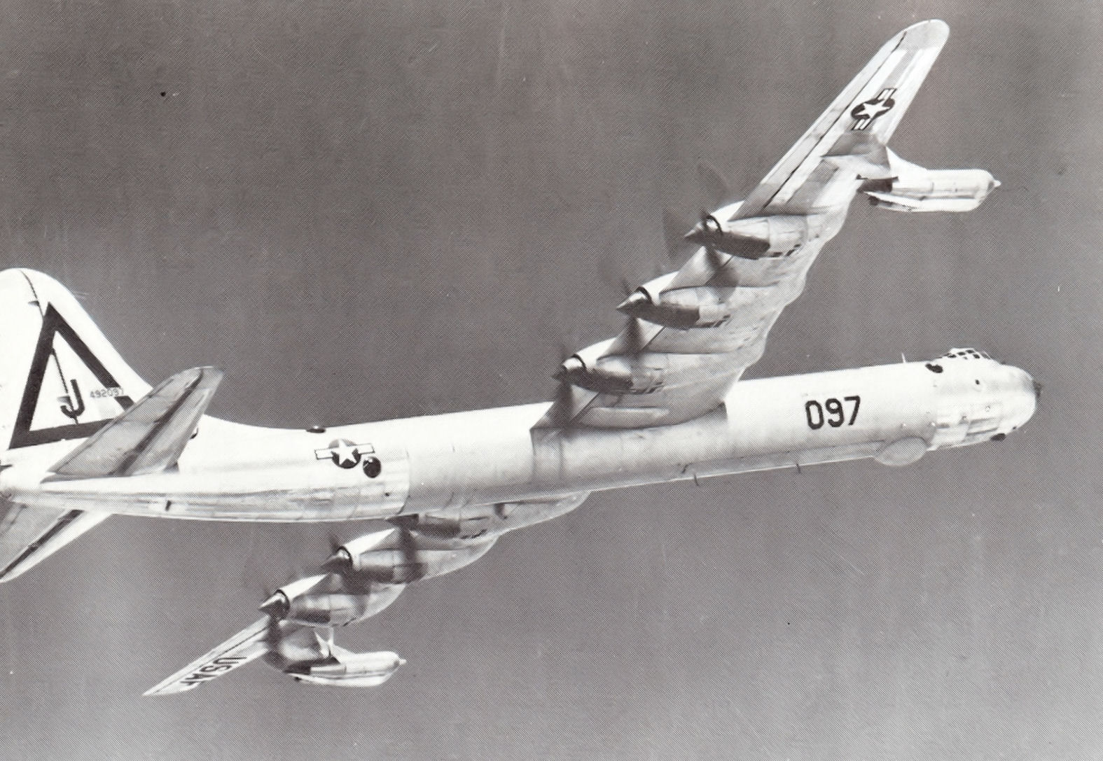 B-36 in flight from a downward angle.