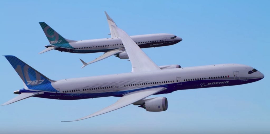 A mock up of the Boeing 787 and Boeing 737 fly in formation. Image: Boeing