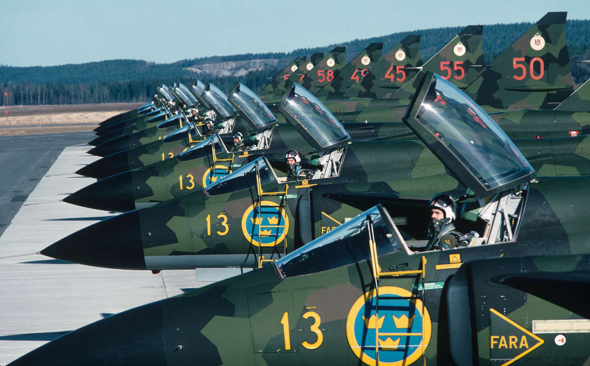 Swedish Air Force jets on the tarmac.