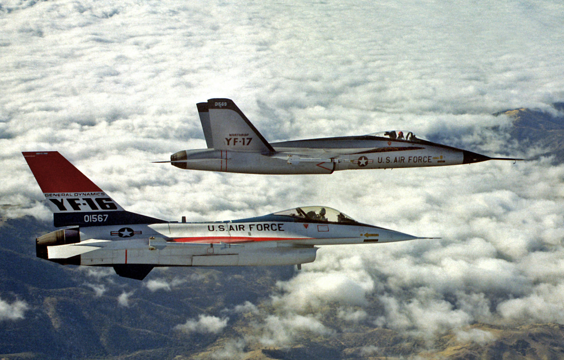 The F-16 and F-17 together in flight.