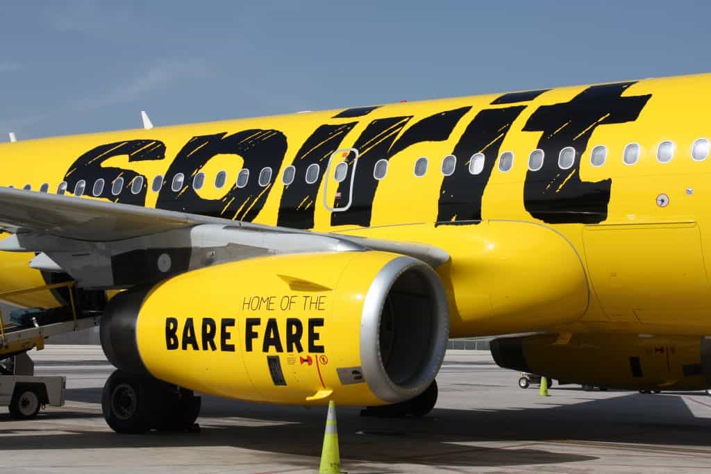 Spirit Airlines' Airbus with "BARE FARE" emblazoned on the engine
