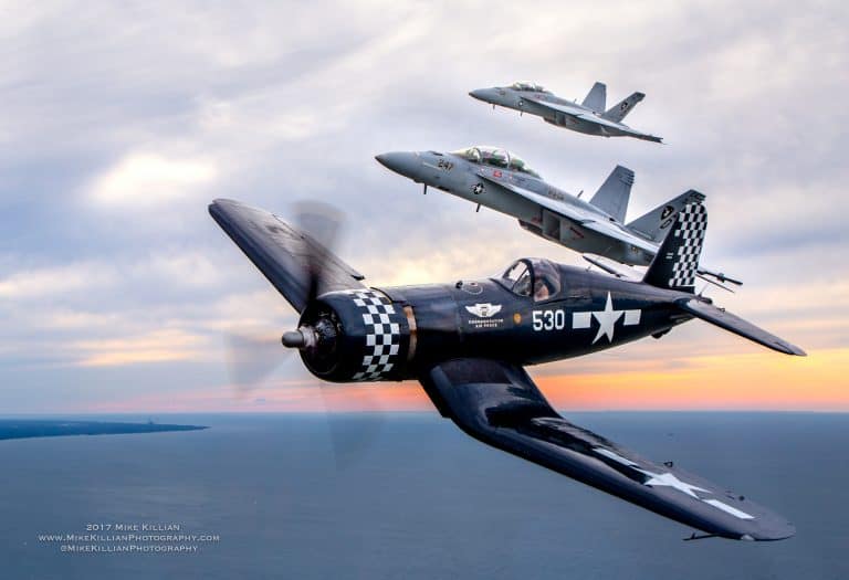 Closeup with a Corsair And Two F/A-18 Super Hornets for Rare Navy Legacy Shoot