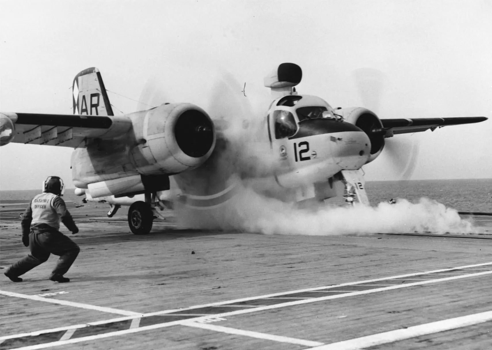 S-2 Tracker throttling up for takeoff of carrier