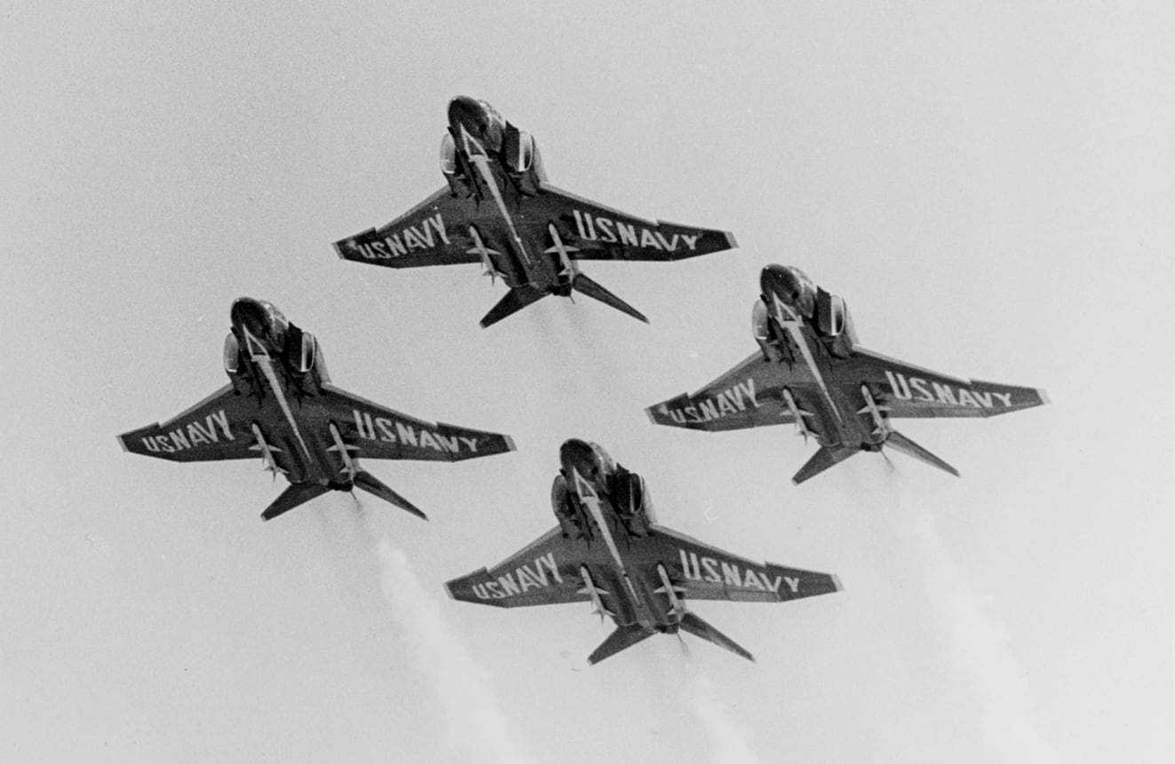 Blue Angels F-4 Phantom aircraft in formation.