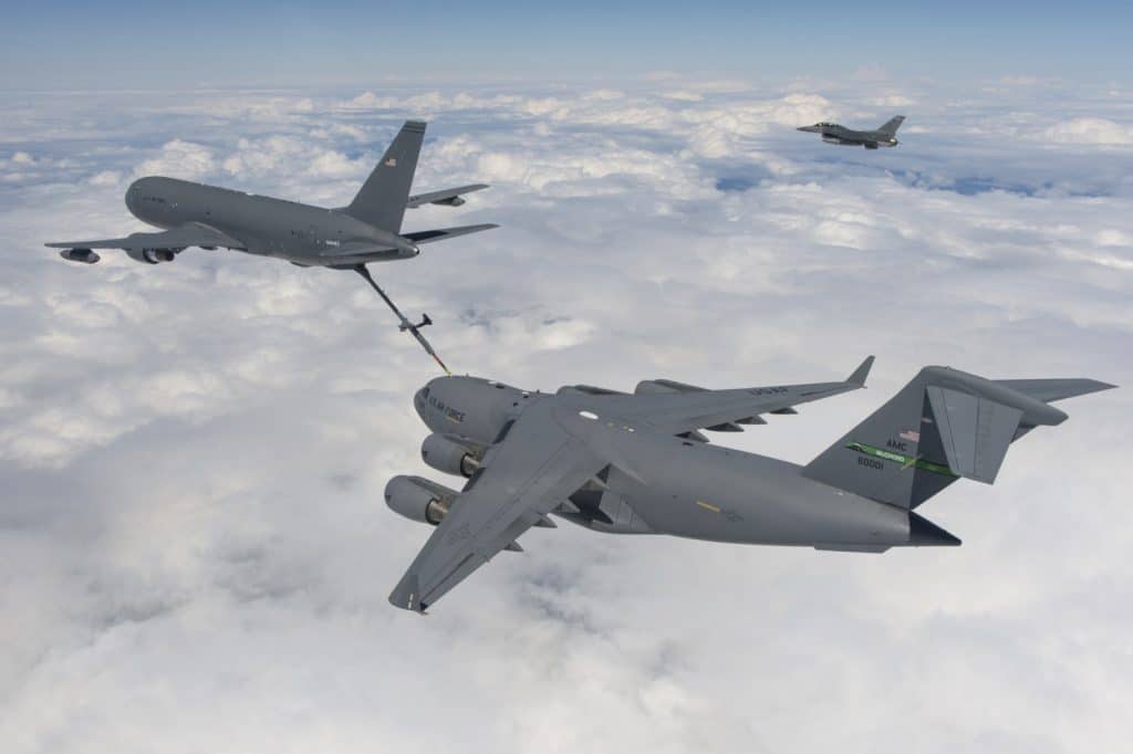 KC-46 Flies Around The World Nonstop 1 A KC-46 refuels a C-17 Globemaster III. Photo: Boeing