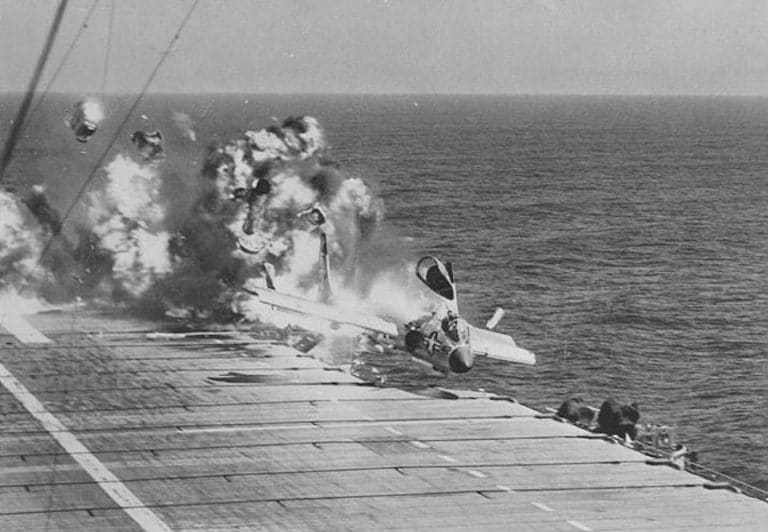 Ramp Strike: F7U Cutlass Crashes on the Deck of the Hancock