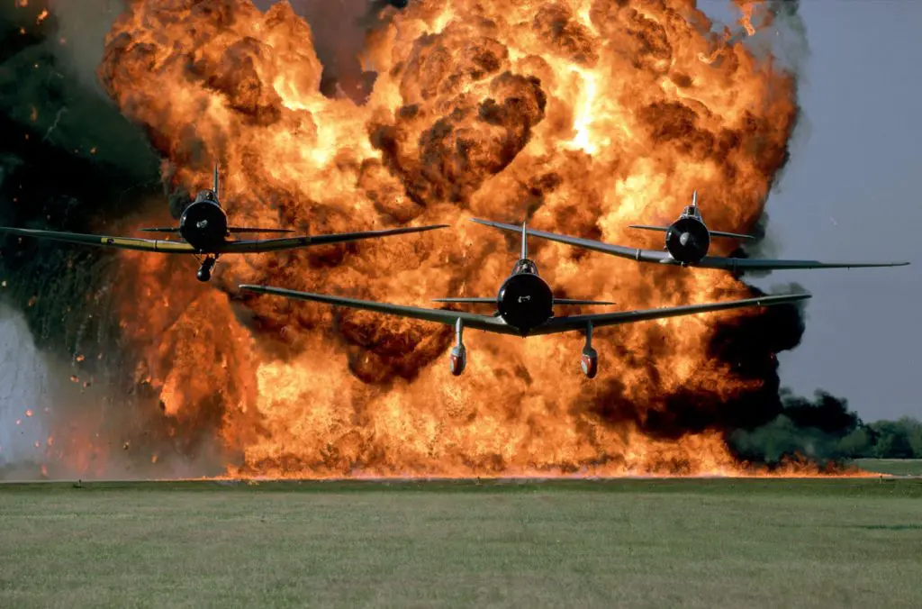 A wall of fire explosion simulates the Japanese attack of an American battleship in 1941.