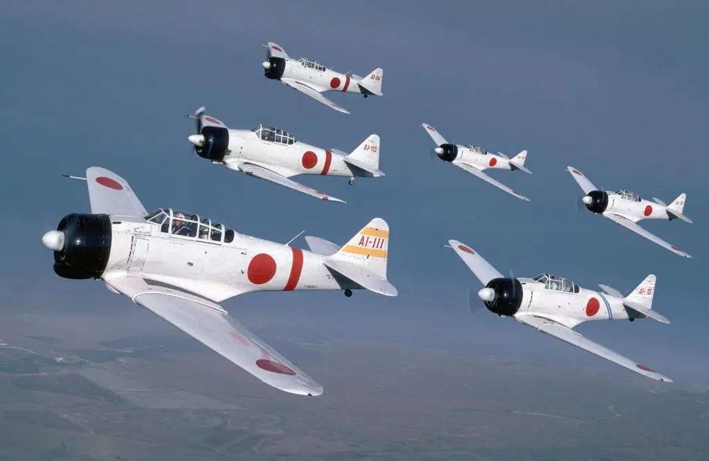 Six Tora Tora Tora recreated Japanese Aichi D3A aircraft fly in formation