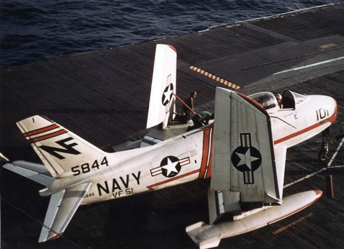 The Furies: North American's Only Navy Fighters 5 FJ 3 VF 51 on CVA 31 with folded wings 1957