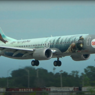 The Harry Potter-themed GOL Linhas Aéreas Boeing 737 MAX 8 arrives at Orlando International Airport