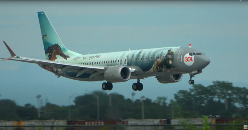 The Harry Potter-themed GOL Linhas Aéreas Boeing 737 MAX 8 arrives at Orlando International Airport