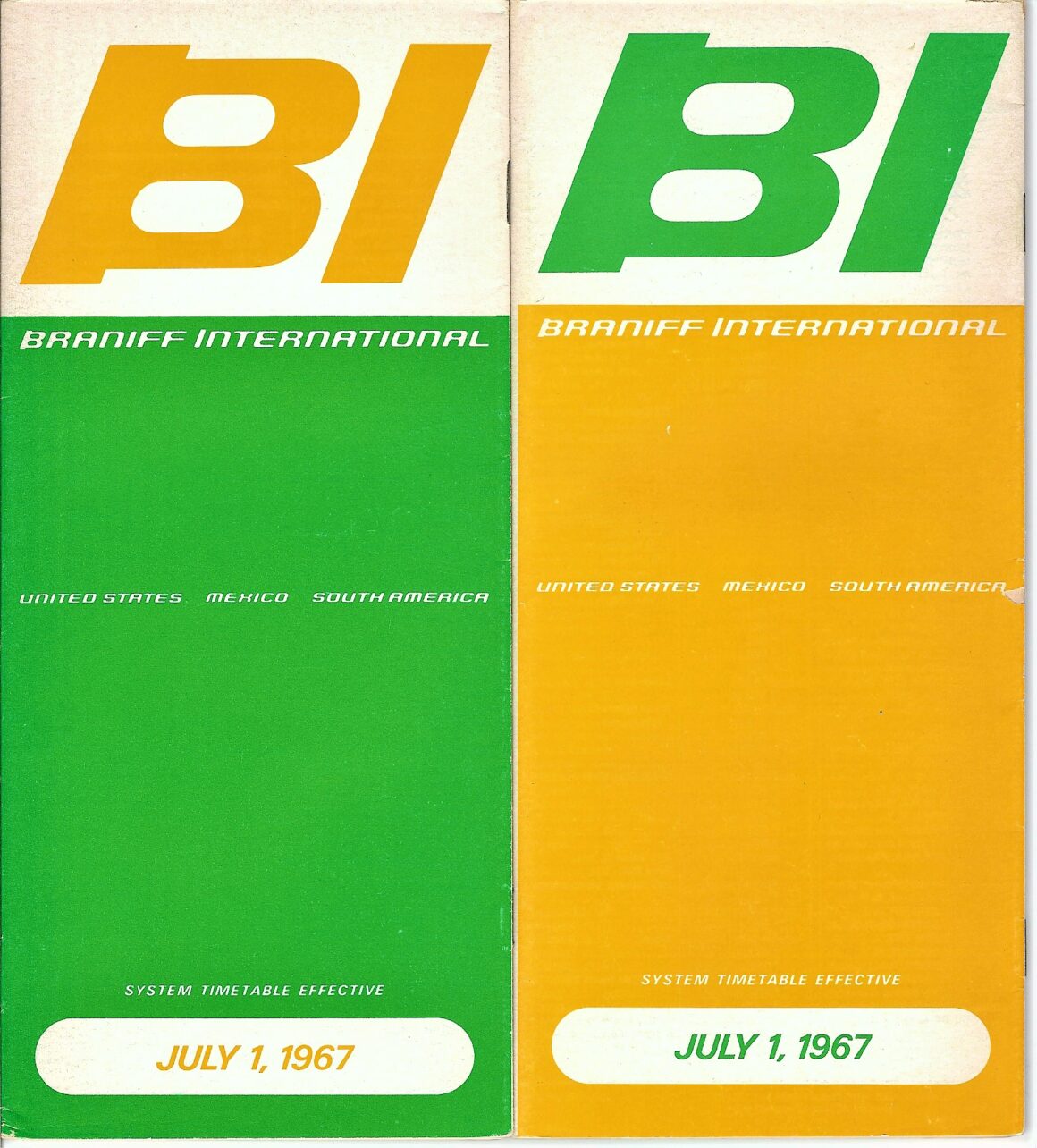 Braniff's colorful makeover even included the company's timetables. The word 'Airways' was dropped from public use and the company referred to itself simply as Braniff International, or B.I. Timetables: David H. Stringer Collection