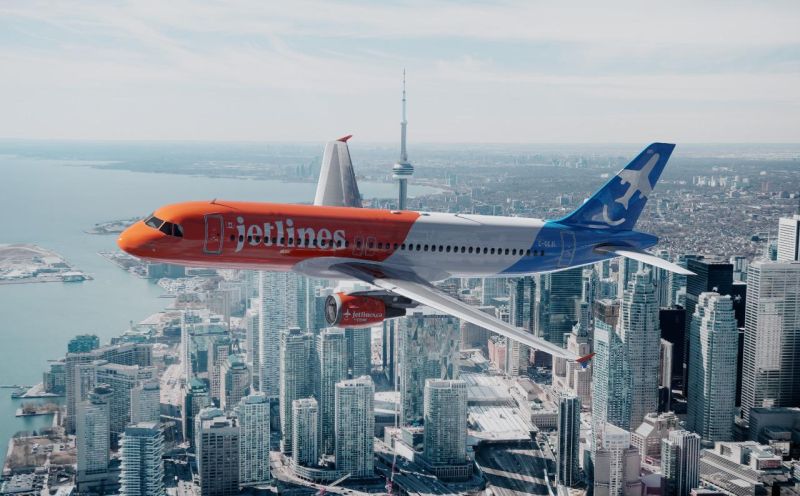 Artist rendering of a Canada Jetlines Airbus A320 over the Toronto skyline