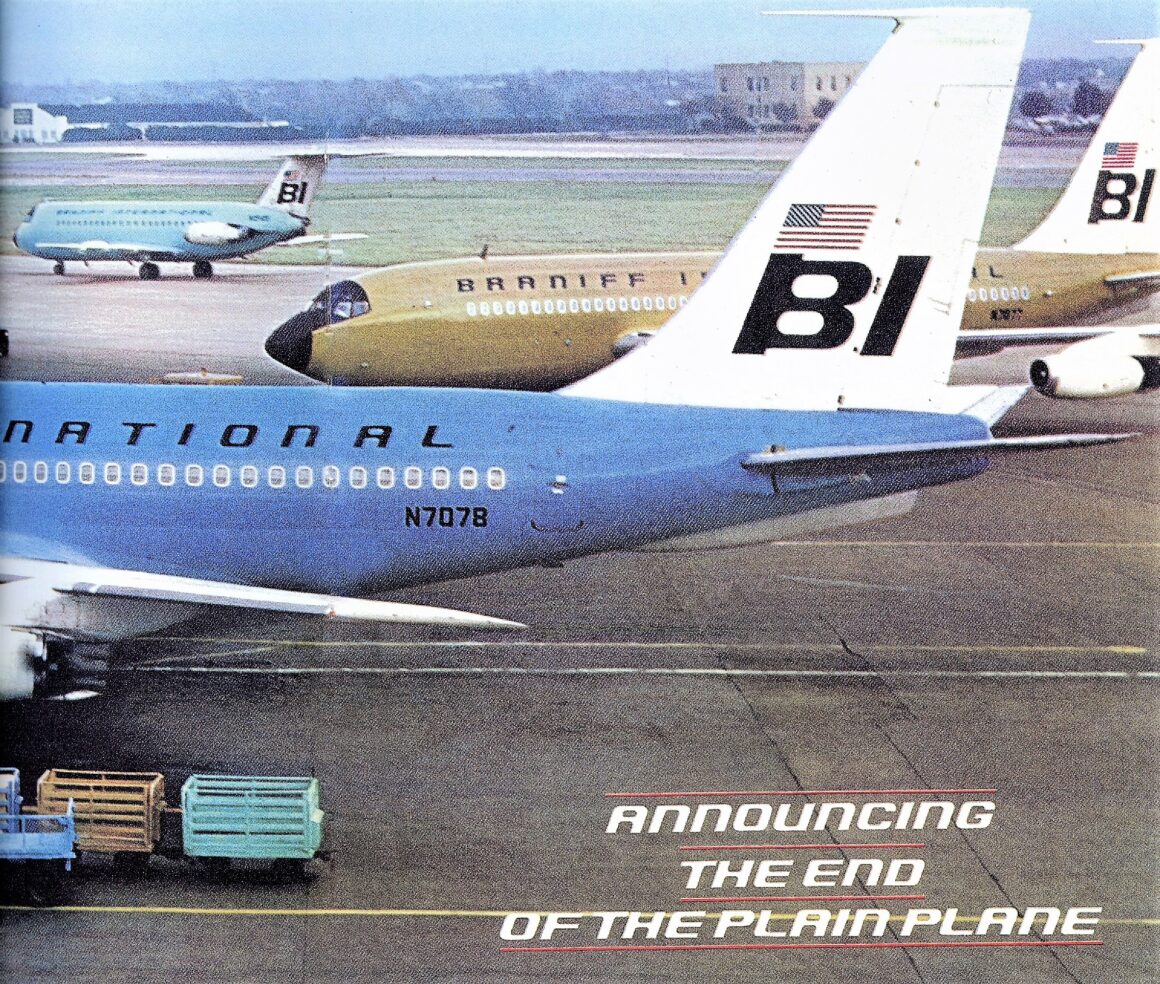Braniff's new look was referred to as the 'End of the Plain Plane' campaign. Brochure from David H. stringer Collection