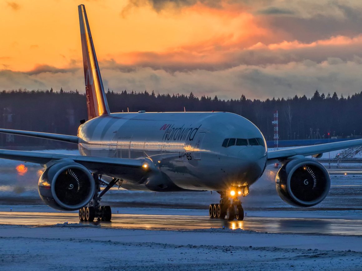 Nordwind Airlines Boeing 777 at sunset