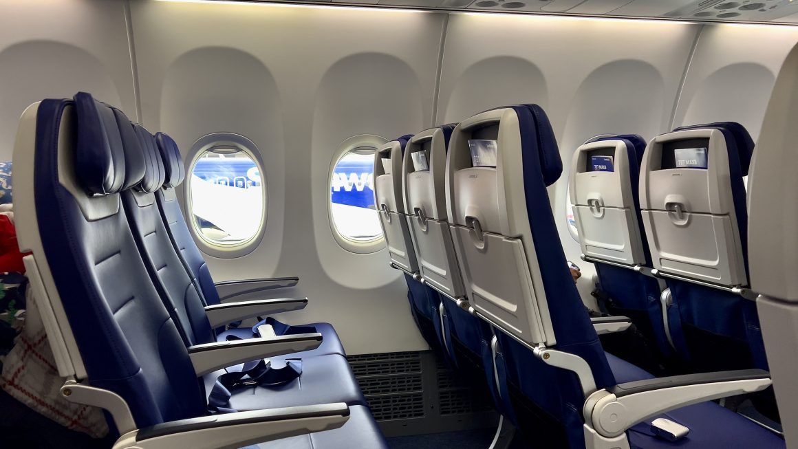 The interior of the jet looks like a standard Southwest 737 MAX.