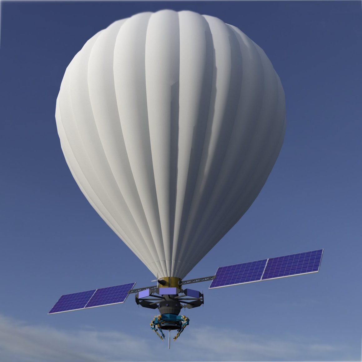 The Geostationary Balloon Satellite floats at about 65,000 feet and receives data from a parabolic antenna base station. It rains down cellular data and can capture aerial video and imagery.
