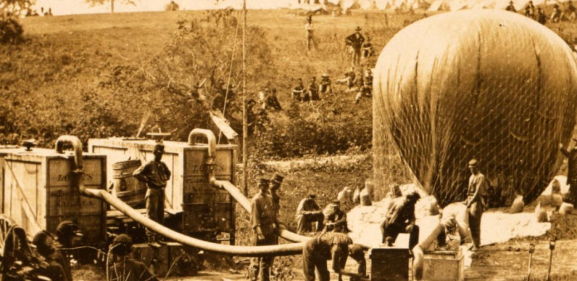 The Union Army Corps balloon Intrepid is filled with hydrogen at the Lowe Balloon Camp in Virginia