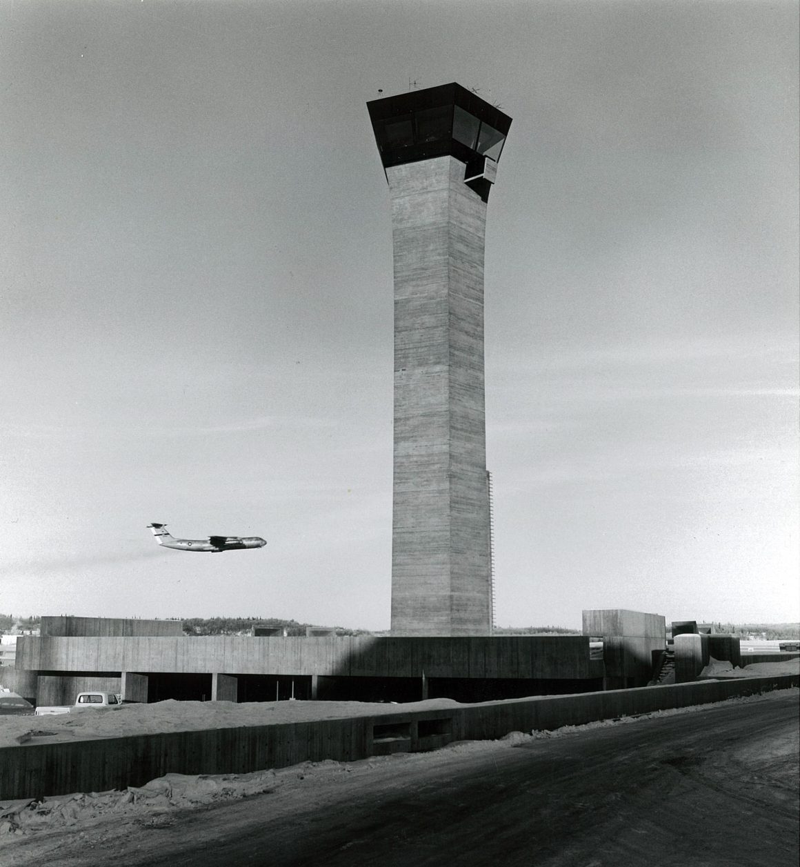 A first-generation control tower designed by architect IM Pei at Elmendorf AFB in Anchorage, Alaska