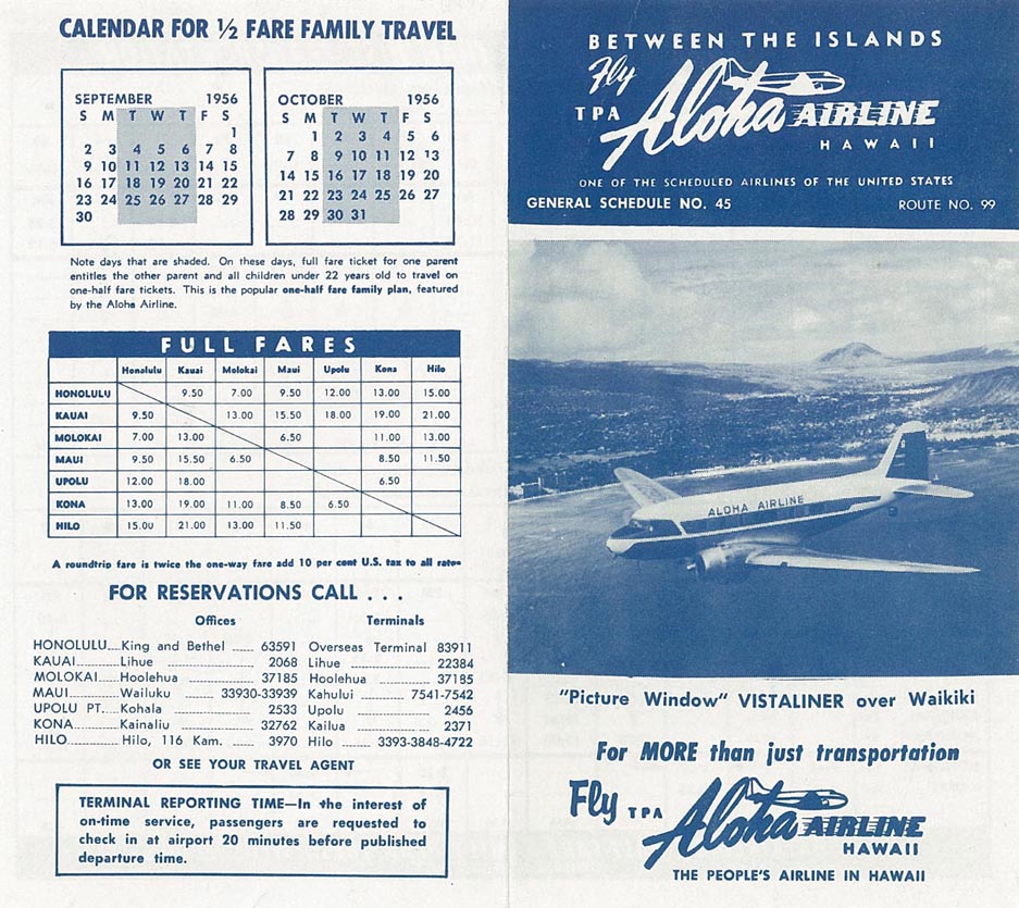 Aloha Airlines Timetable - September 1956
