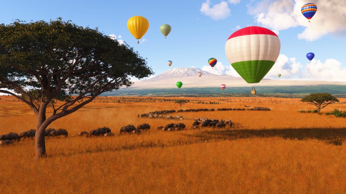 Screenshot of hot air balloons over the Serengeti