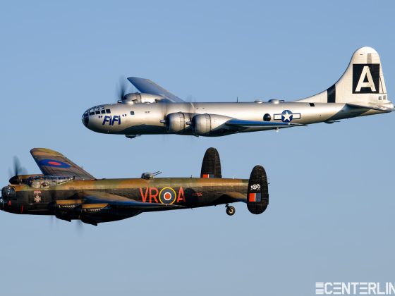 Dylan Phelps of Centerline Images was able to capture this rare flight of a B-29 and Lancaster formation.