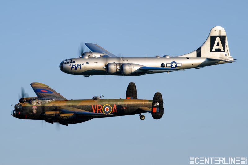 Dylan Phelps of Centerline Images was able to capture this rare flight of a B-29 and Lancaster formation.