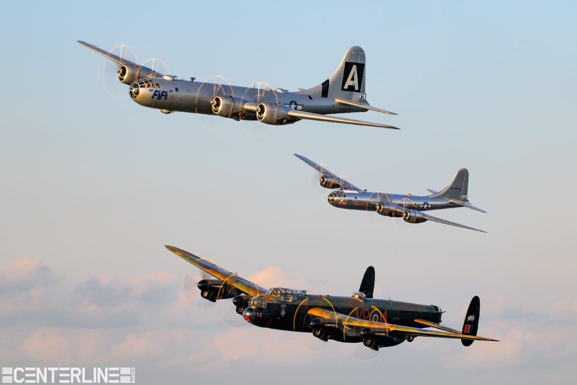 Dylan Phelps of Centerline Images captured amazing photos of two B-29s and a Lancaster in flight.  Special thanks to EAA and the crews of all four aircraft that partook in the photo shoot.