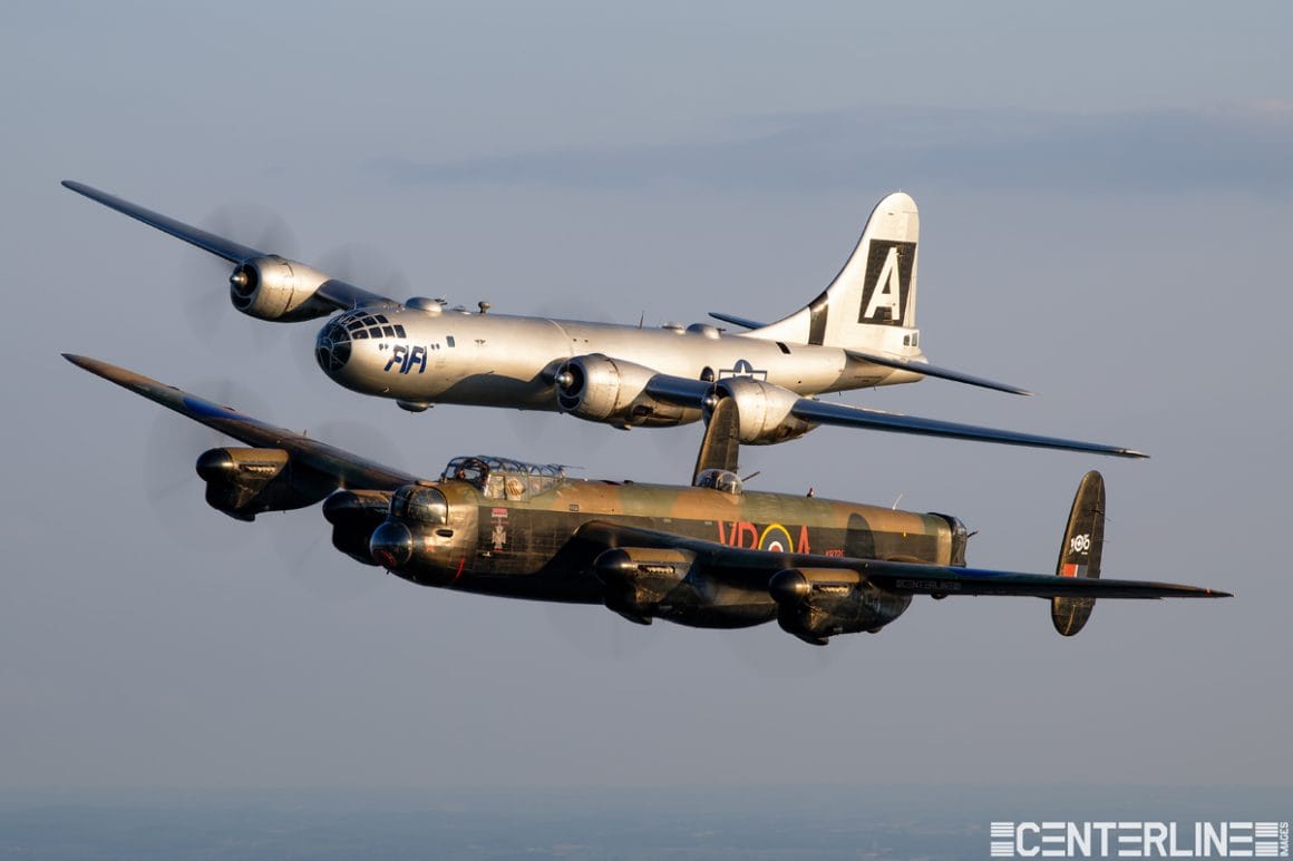 Dylan Phelps of Centerline Images was able to capture this rare flight of a B-29 and Lancaster formation.