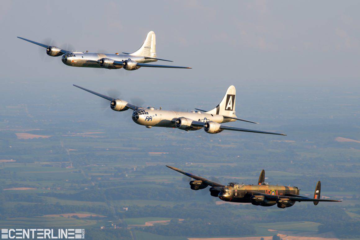 Dylan Phelps of Centerline Images was able to capture this rare flight of two B-29s and Lancaster formation.