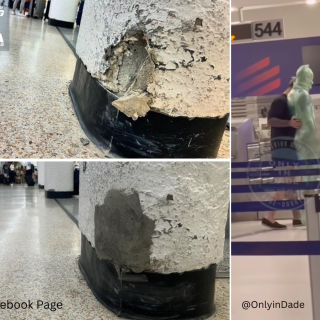 Miami International Airport Highlights shoddy repair job as an accomplishment: Image: MIA Facebook page. Also includes a photo of a man wrapped in luggage wrap. Image: @onlyinDade