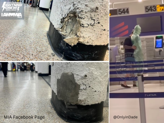 Miami International Airport Highlights shoddy repair job as an accomplishment: Image: MIA Facebook page. Also includes a photo of a man wrapped in luggage wrap. Image: @onlyinDade