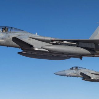 A pair of Saudi F-15s in flight.