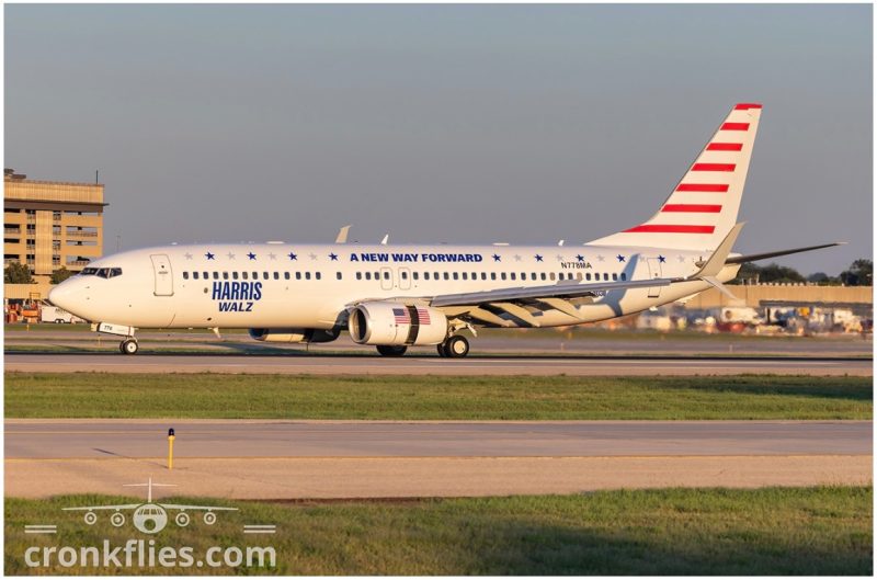 The Harris/Walz Boeing 737-800 made its debut at Minneapolis St. Paul International Airport on Sept 1, 2024. Photo: Daniël Cronk