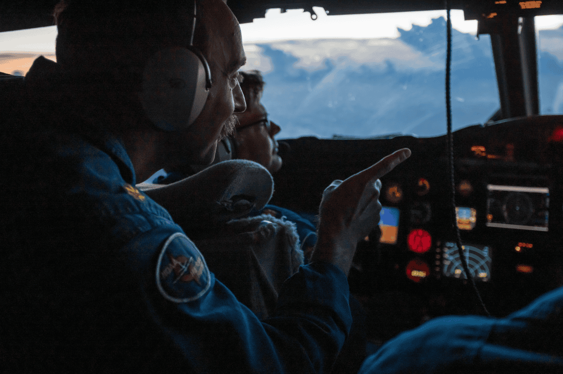 View from the P-3 flight deck as it heads into a hurricane