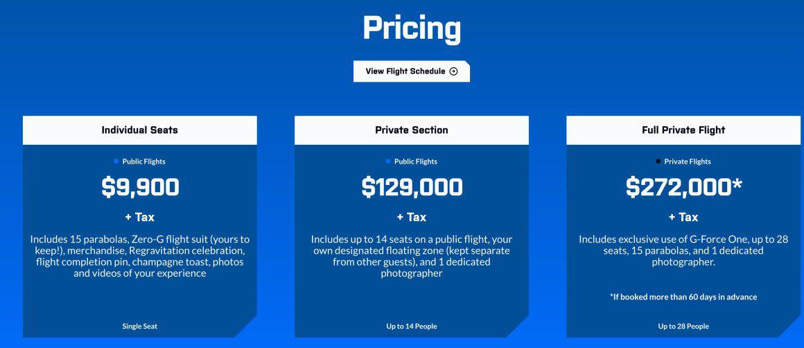 As of Oct 26, 2024, here is the pricing for a Zero G flight according to their website.  Be sure to check their website often for the latest pricing and availability.