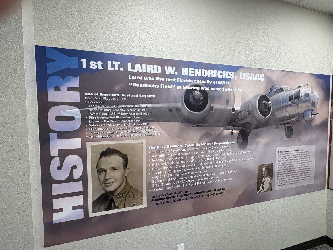 Display Honoring 1st Lt. Laird Hendricks, Namesake of Hendricks Army Airfield B-17 Bomber Training Base. | Image: Bill Lindner