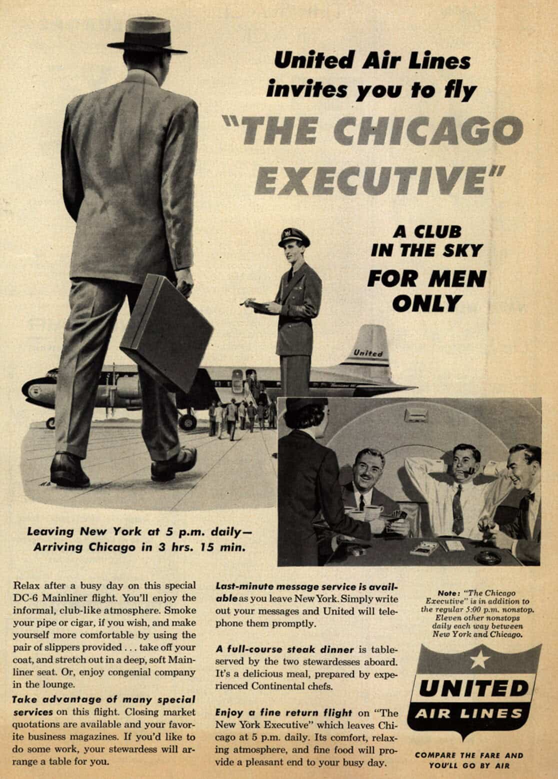 United’s Men-Only Flights: The Exclusive Club in the Sky Your Wife Couldn’t Join 1 United's men-only flights included the "Chicago Executive," as advertised in this ad that appeared in newspapers
