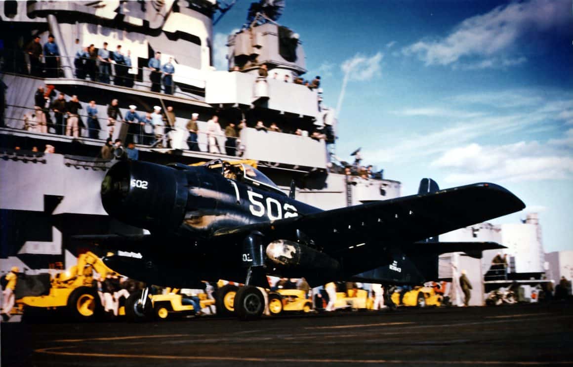 AD 4 of VA 55 taking off from USS Valley Forge CV 45 1950