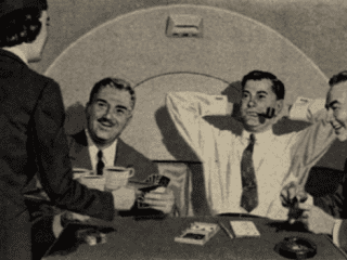 Male passengers talk to a stewardess on board a men-only United Executive Flight