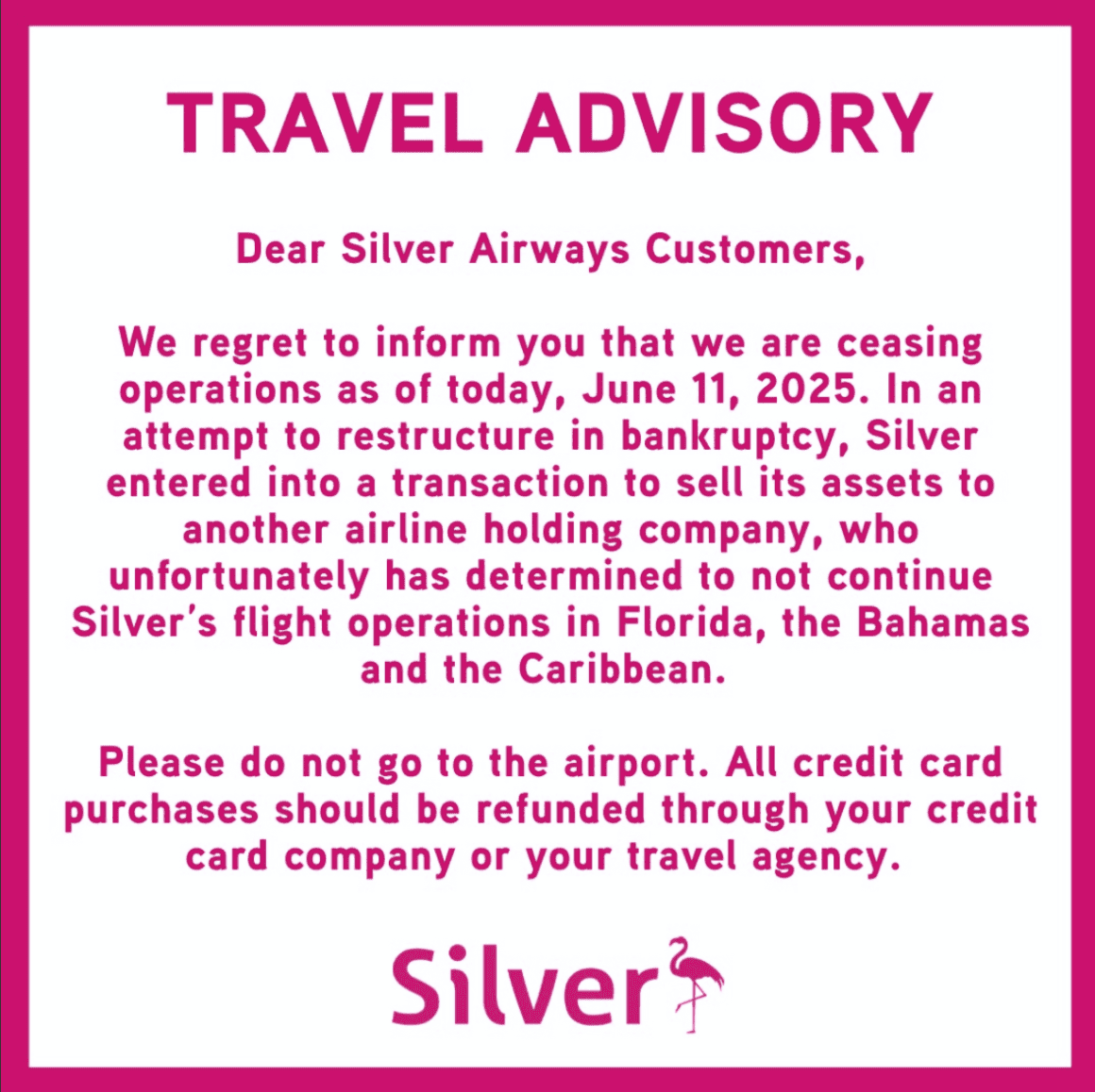 Heartbreaking Collapse: Silver Airways' 14-Year Run Ends in Sudden Shutdown 46 Silver Airways announcement on social media of the closure