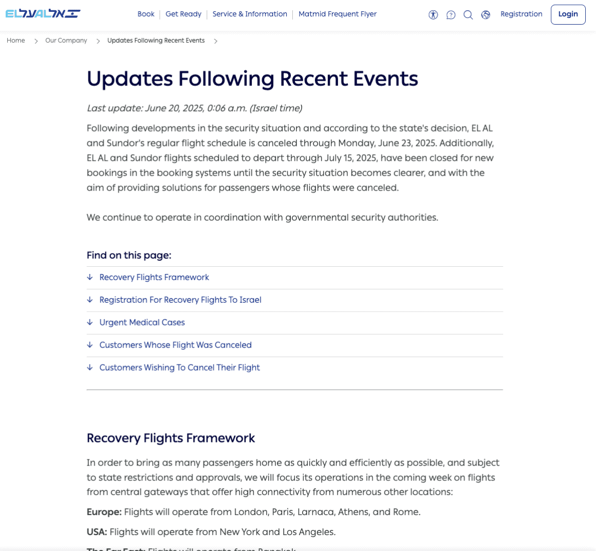El Al website with recovery flight information