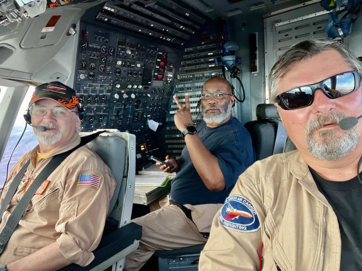 RK Smithley (right) with copilot and flight engineer aboard a 10 Tanker DC-10 aerial firefighting aircraft | IMAGE: RK Smithley